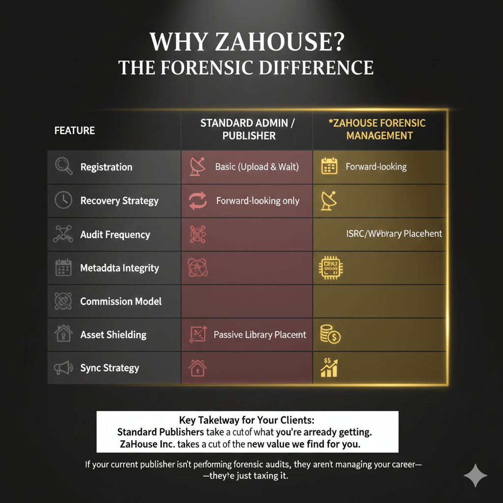 zahouse forensic difference chart, music royalty asset recovery,Darrel Crutchfield CEO of ZaHouse